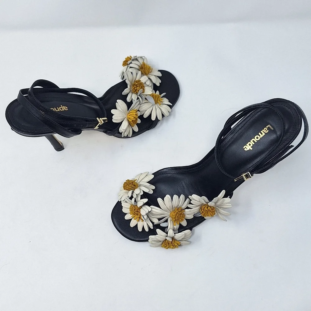 LARROUDÉ Fiore Daisy Appliqués Ankle Strap Sandals Stilletto Heel